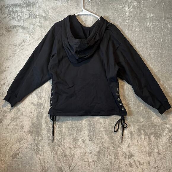 The Kooples Sport Black Pullover Hoodie Size 2 US M Black Silver Hardware - Picture 3 of 7